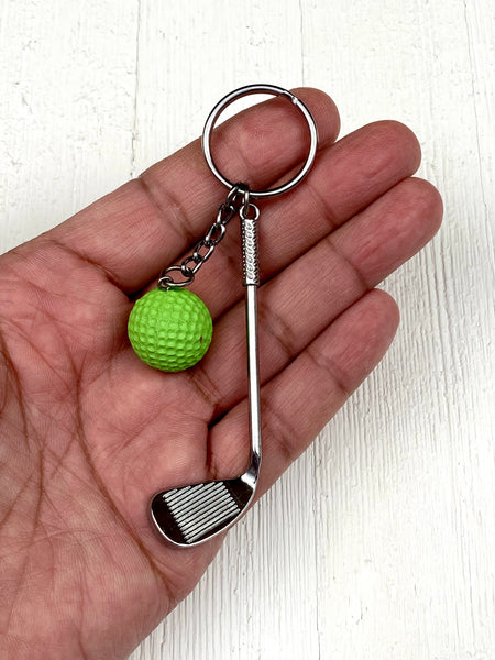 Golf club and ball set keychain. Silver Metal Golf club keychain. Green Golf ball keychain. Golf players keychain. Golf coach keychain. Sports keychain.