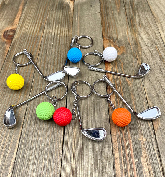Golf club and ball set keychain. Silver Metal Golf club keychain. Green Golf ball keychain. Golf players keychain. Golf coach keychain. Sports keychain.