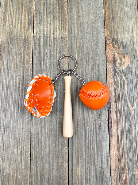 Baseball Bat Glove and ball set keychain. Wooden Baseball bat keychain. Baseball players keychain. Baseball coach keychain. Sports Fan keychain. Baseball lover’s keychain.