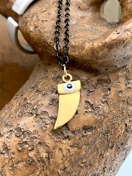 18 karat Gold Horn Tusk Shape Evil Eye Pendant in Black plated Dainty chain No Tarnish No Fade Waterproof Stainless Steel minimalist Jewelry