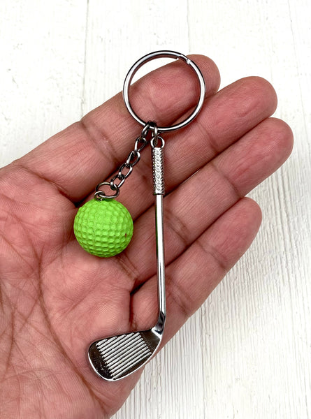 Golf club and ball set keychain. Silver Metal Golf club keychain. Green Golf ball keychain. Golf players keychain. Golf coach keychain. Sports keychain.