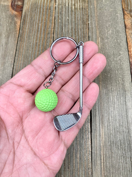 Golf club and ball set keychain. Silver Metal Golf club keychain. Green Golf ball keychain. Golf players keychain. Golf coach keychain. Sports keychain.