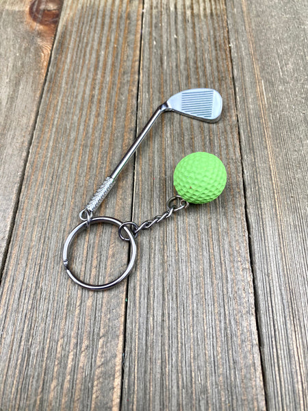 Golf club and ball set keychain. Silver Metal Golf club keychain. Green Golf ball keychain. Golf players keychain. Golf coach keychain. Sports keychain.