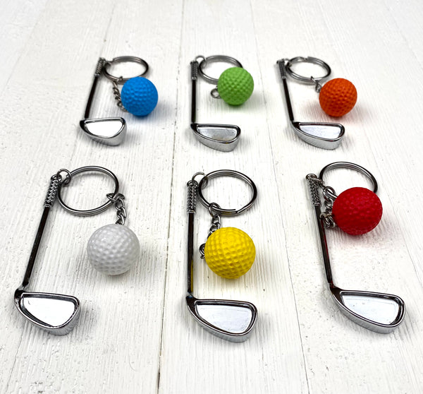 Golf club and ball set keychain. Silver Metal Golf club keychain. Red Golf ball keychain. Golf players keychain. Golf coach keychain. Sports keychain.