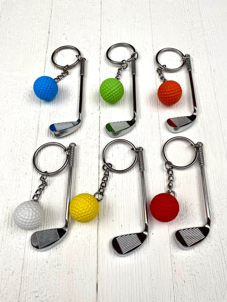 Golf club and ball set keychain. Silver Metal Golf club keychain. Yellow Golf ball keychain. Golf players keychain. Golf coach keychain. Sports keychain.