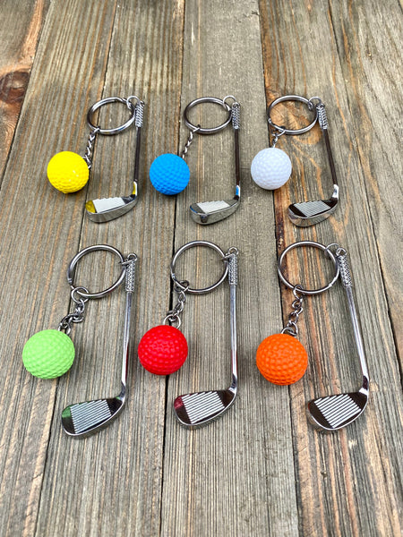 Golf club and ball set keychain. Silver Metal Golf club keychain. Green Golf ball keychain. Golf players keychain. Golf coach keychain. Sports keychain.
