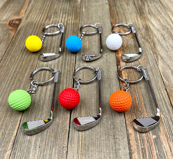 Golf club and ball set keychain. Silver Metal Golf club keychain. Green Golf ball keychain. Golf players keychain. Golf coach keychain. Sports keychain.