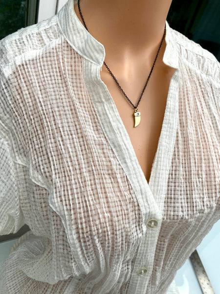 18 karat Gold Horn Tusk Shape Evil Eye Pendant in Black plated Dainty chain No Tarnish No Fade Waterproof Stainless Steel minimalist Jewelry