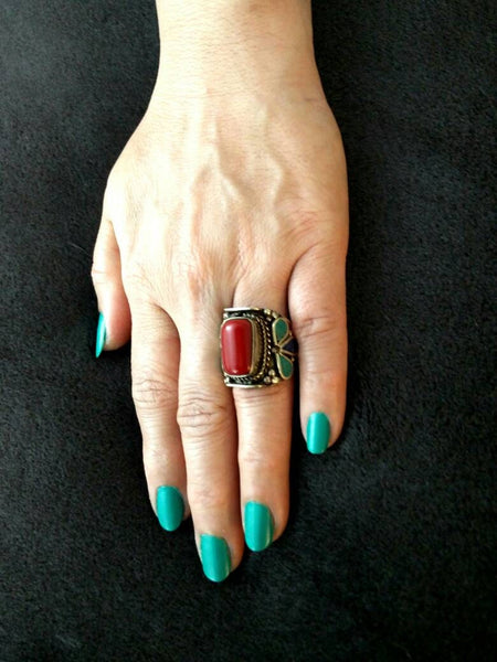 Vintage Design Afghan Kuchi Tribal Ring Antique Style Jewelry Banjara Boho Gypsy Ring Nepali Indian Ethnic Ring Red Stone Ring Gift for her