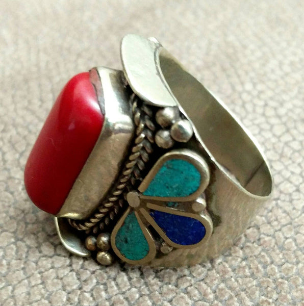 Vintage Design Afghan Kuchi Tribal Ring Antique Style Jewelry Banjara Boho Gypsy Ring Nepali Indian Ethnic Ring Red Stone Ring Gift for her
