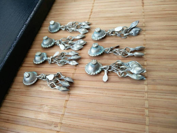 7 Cute Vintage Turkoman Buttons DIY Findings Belly Dancing Costume Supply Dress Designing Tribal Kuchi Afghan Handmade Rare Buttons Tassels.