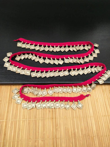 5 Feet Very Rare Pink Crochet Trim 99 Silver Vintage Charms DIY Chain Belly Dance Costume Banjara Dress Jewelry Supply Ethnic Kuchi Findings