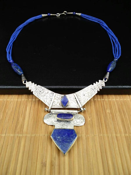 Vintage Banjara Afghan Jewelry Kuchi Tribal Belly Dance Necklace Handmade Boho Gypsy Necklace Indian Ethnic Antique Lapis Pendant Necklace.