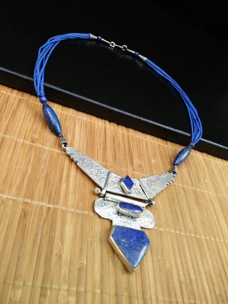 Vintage Banjara Afghan Jewelry Kuchi Tribal Belly Dance Necklace Handmade Boho Gypsy Necklace Indian Ethnic Antique Lapis Pendant Necklace.