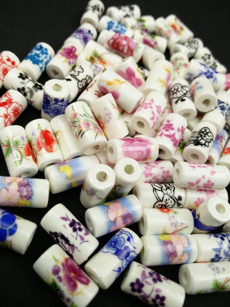 10 Ceramic Tube Beads 17x9mm Porcelain Multicolor Flower Print Cylindrical Barrel Shape Spacers Earrings Bracelet Yoga Mala Necklace Sliders