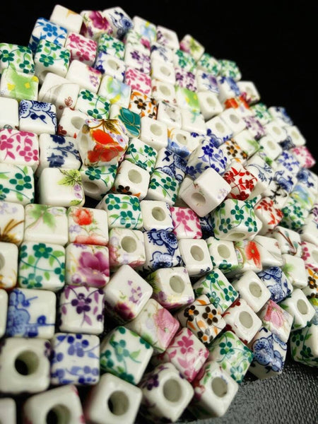 10 Ceramic Square Floral Beads 10mm Porcelain Multicolor Flower Print Cube Spacers DIY Earrings Bracelets Sliders Yoga Mala Necklace Jewelry