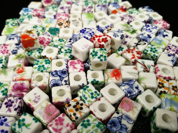 10 Ceramic Square Floral Beads 10mm Porcelain Multicolor Flower Print Cube Spacers DIY Earrings Bracelets Sliders Yoga Mala Necklace Jewelry