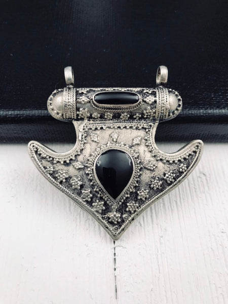 Afghan Tribal Kuchi Handmade Antique Design Traditional Turkoman Unique Ethnic Vintage Style Silver Black Resin Stone Anchor Shaped Pendant.