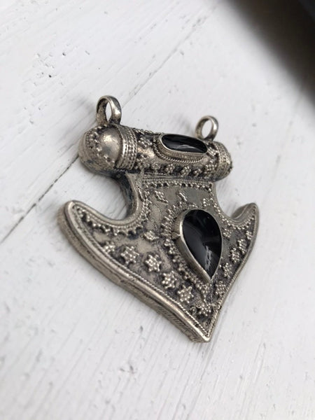 Afghan Tribal Kuchi Handmade Antique Design Traditional Turkoman Unique Ethnic Vintage Style Silver Black Resin Stone Anchor Shaped Pendant.