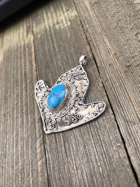 Afghan Tribal Kuchi Handmade Antique Design Traditional Turkoman Ethnic Vintage Style Silver Blue synthetic Stone Anchor Shaped Pendant gift