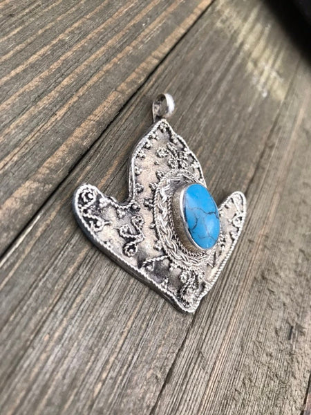 Afghan Tribal Kuchi Handmade Antique Design Traditional Turkoman Ethnic Vintage Style Silver Blue synthetic Stone Anchor Shaped Pendant gift