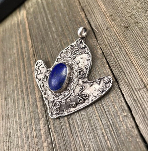 Afghan Tribal Kuchi Handmade Antique Design Traditional Turkoman Ethnic Vintage Style Blue Synthetic Lapis Stone Anchor Shaped Pendant Gift.