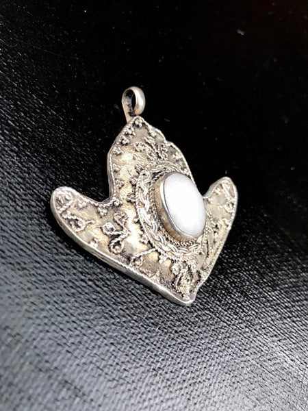 Afghan Tribal Kuchi Handmade Antique Design Traditional Turkoman Ethnic DIY Vintage Style White Synthetic Stone Anchor Shaped Silver Pendant