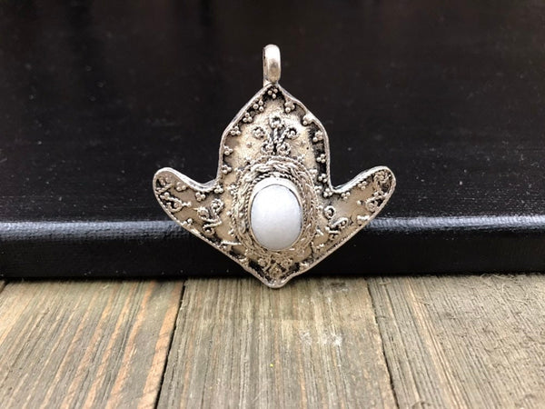 Afghan Tribal Kuchi Handmade Antique Design Traditional Turkoman Ethnic DIY Vintage Style White Synthetic Stone Anchor Shaped Silver Pendant