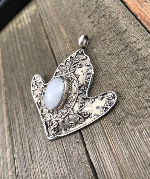 Afghan Tribal Kuchi Handmade Antique Design Traditional Turkoman Ethnic DIY Vintage Style White Synthetic Stone Anchor Shaped Silver Pendant