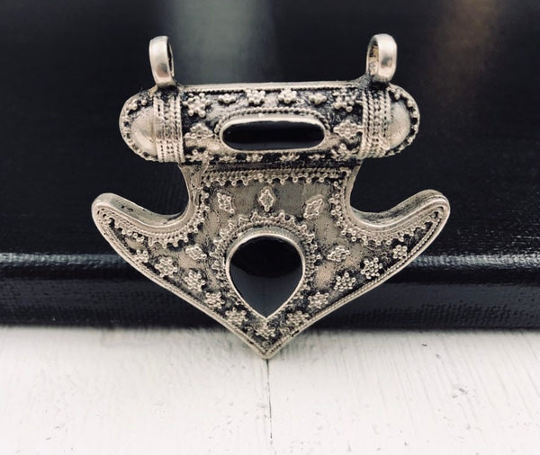 Afghan Tribal Kuchi Handmade Antique Design Traditional Turkoman Unique Ethnic Vintage Style Silver Black Resin Stone Anchor Shaped Pendant.