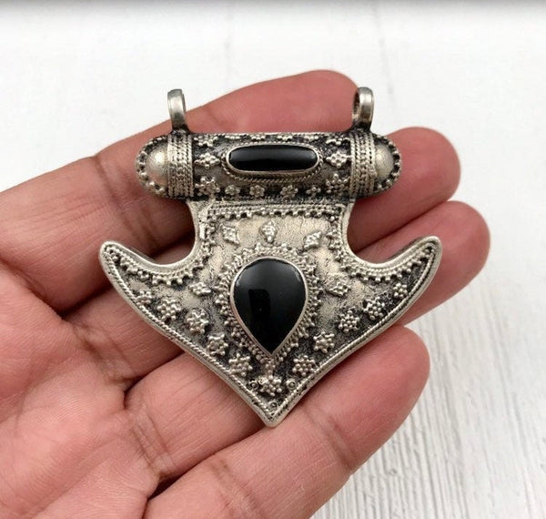 Afghan Tribal Kuchi Handmade Antique Design Traditional Turkoman Unique Ethnic Vintage Style Silver Black Resin Stone Anchor Shaped Pendant.