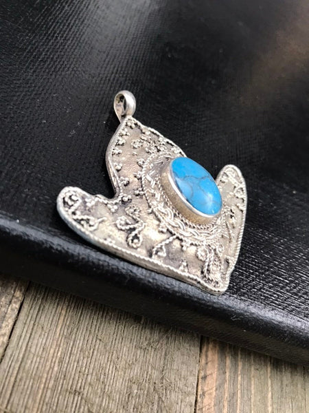 Afghan Tribal Kuchi Handmade Antique Design Traditional Turkoman Ethnic Vintage Style Silver Blue synthetic Stone Anchor Shaped Pendant gift