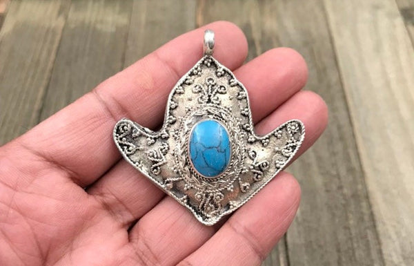 Afghan Tribal Kuchi Handmade Antique Design Traditional Turkoman Ethnic Vintage Style Silver Blue synthetic Stone Anchor Shaped Pendant gift