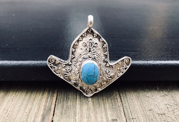 Afghan Tribal Kuchi Handmade Antique Design Traditional Turkoman Ethnic Vintage Style Silver Blue synthetic Stone Anchor Shaped Pendant gift