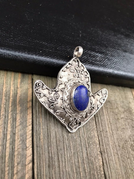 Afghan Tribal Kuchi Handmade Antique Design Traditional Turkoman Ethnic Vintage Style Blue Synthetic Lapis Stone Anchor Shaped Pendant Gift.