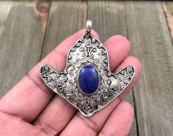Afghan Tribal Kuchi Handmade Antique Design Traditional Turkoman Ethnic Vintage Style Blue Synthetic Lapis Stone Anchor Shaped Pendant Gift.
