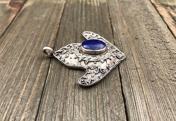 Afghan Tribal Kuchi Handmade Antique Design Traditional Turkoman Ethnic Vintage Style Blue Synthetic Lapis Stone Anchor Shaped Pendant Gift.