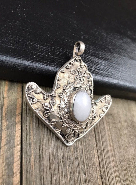 Afghan Tribal Kuchi Handmade Antique Design Traditional Turkoman Ethnic DIY Vintage Style White Synthetic Stone Anchor Shaped Silver Pendant