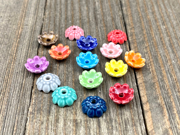 10 Ceramic Flower Shape Spacers Bead Caps Multicolor Porcelain Clay Floral Separators Earrings Bracelet Yoga Mala Necklaces Bohemian Jewelry