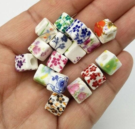 10 Ceramic Square Floral Beads 10mm Porcelain Multicolor Flower Print Cube Spacers DIY Earrings Bracelets Sliders Yoga Mala Necklace Jewelry