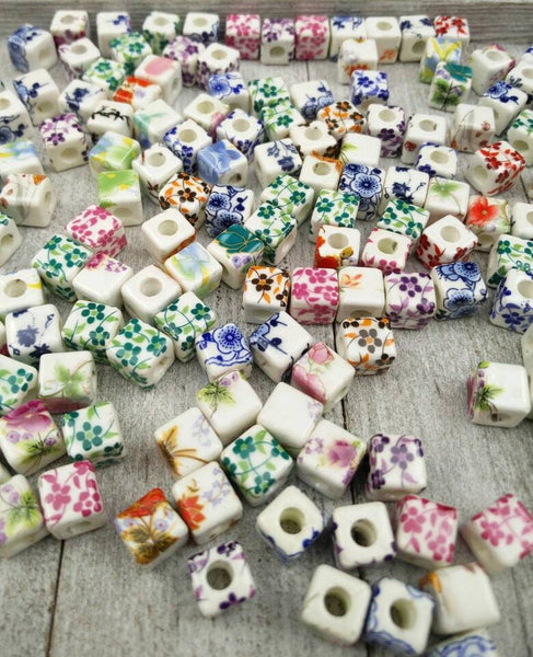 10 Ceramic Square Floral Beads 10mm Porcelain Multicolor Flower Print Cube Spacers DIY Earrings Bracelets Sliders Yoga Mala Necklace Jewelry