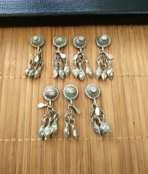 7 Cute Vintage Turkoman Buttons DIY Findings Belly Dancing Costume Supply Dress Designing Tribal Kuchi Afghan Handmade Rare Buttons Tassels.