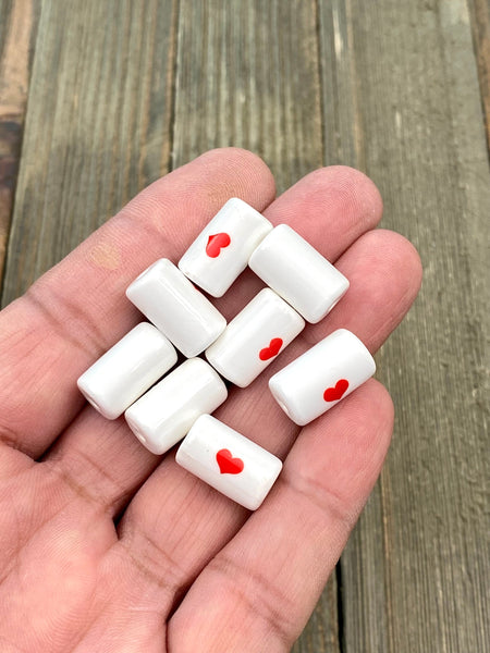 10 Ceramic Tube Beads 16x10mm Porcelain Multicolor Heart Print Cylindrical Barrel Shape Spacers Earrings Bracelet Yoga Mala Necklace Sliders