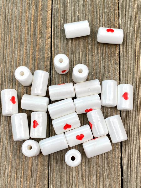 10 Ceramic Tube Beads 16x10mm Porcelain Multicolor Heart Print Cylindrical Barrel Shape Spacers Earrings Bracelet Yoga Mala Necklace Sliders