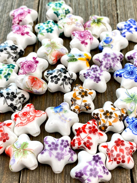 10 Ceramic Star Shape Beads Porcelain Multicolor Flower Print Spacers Earrings Bracelet Sliders Yoga Mala Necklace Bohemian Jewelry Findings
