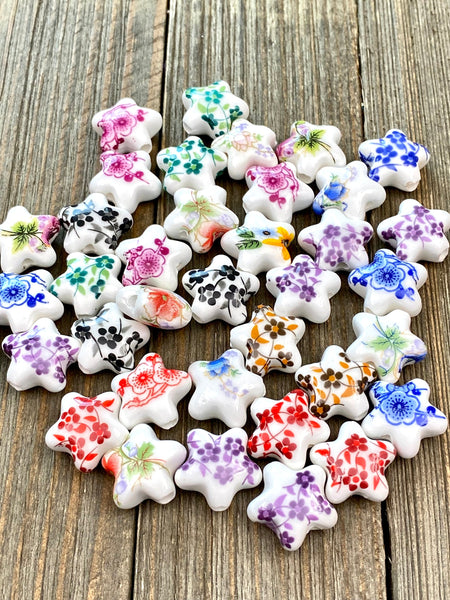 10 Ceramic Star Shape Beads Porcelain Multicolor Flower Print Spacers Earrings Bracelet Sliders Yoga Mala Necklace Bohemian Jewelry Findings