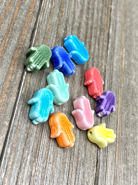 10 Hamsa Hand Shape Ceramic Beads Porcelain Handmade Multicolor Spacers Earrings Bracelet Anklets Rosary Yoga Mala Necklace Bohemian Jewelry