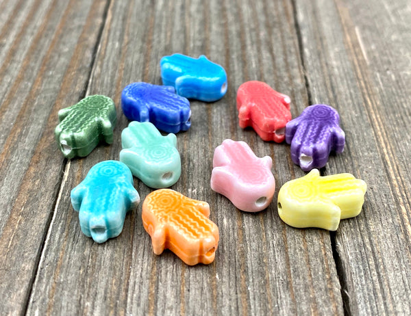 10 Hamsa Hand Shape Ceramic Beads Porcelain Handmade Multicolor Spacers Earrings Bracelet Anklets Rosary Yoga Mala Necklace Bohemian Jewelry
