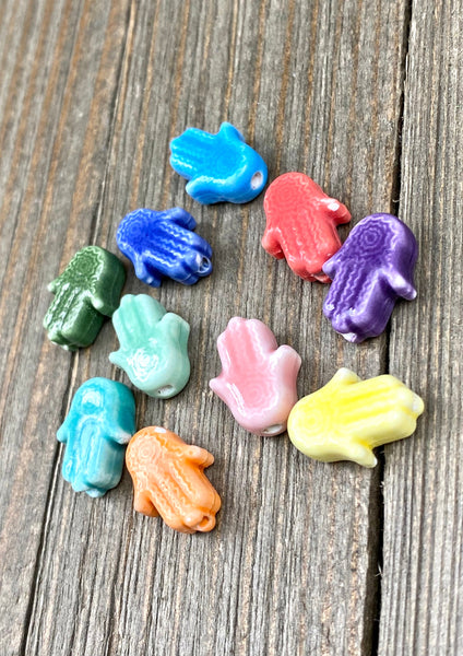 10 Hamsa Hand Shape Ceramic Beads Porcelain Handmade Multicolor Spacers Earrings Bracelet Anklets Rosary Yoga Mala Necklace Bohemian Jewelry