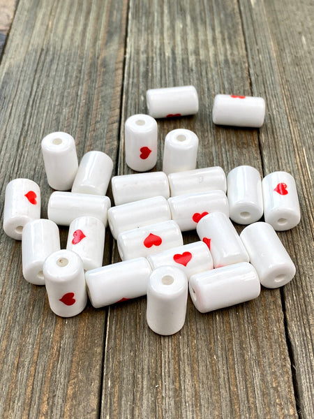 10 Ceramic Tube Beads 16x10mm Porcelain Multicolor Heart Print Cylindrical Barrel Shape Spacers Earrings Bracelet Yoga Mala Necklace Sliders